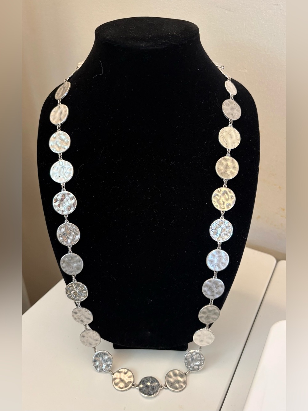 Chico's Hammered Silver-Tone Multi Textured Disc Long Statement Necklace